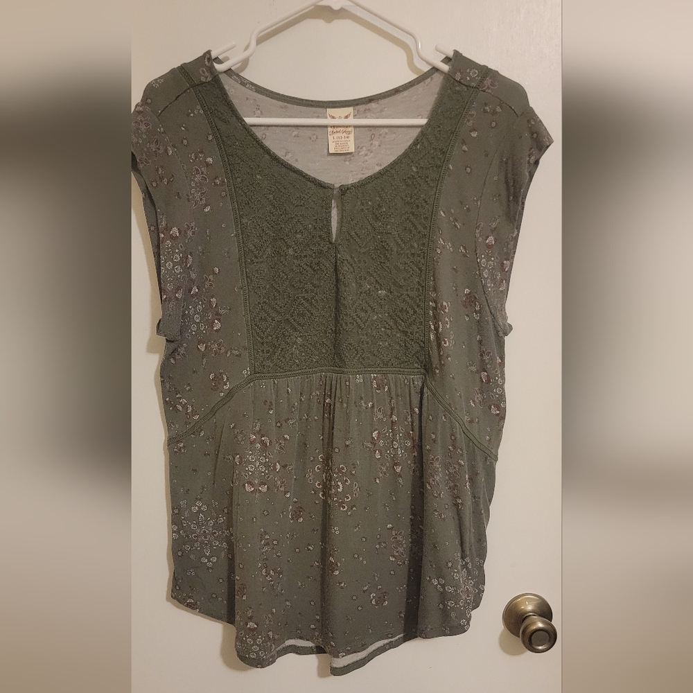 Faded Glory Green Floral Blouse Women’s Size Large Lace Front Boho Y2K Top